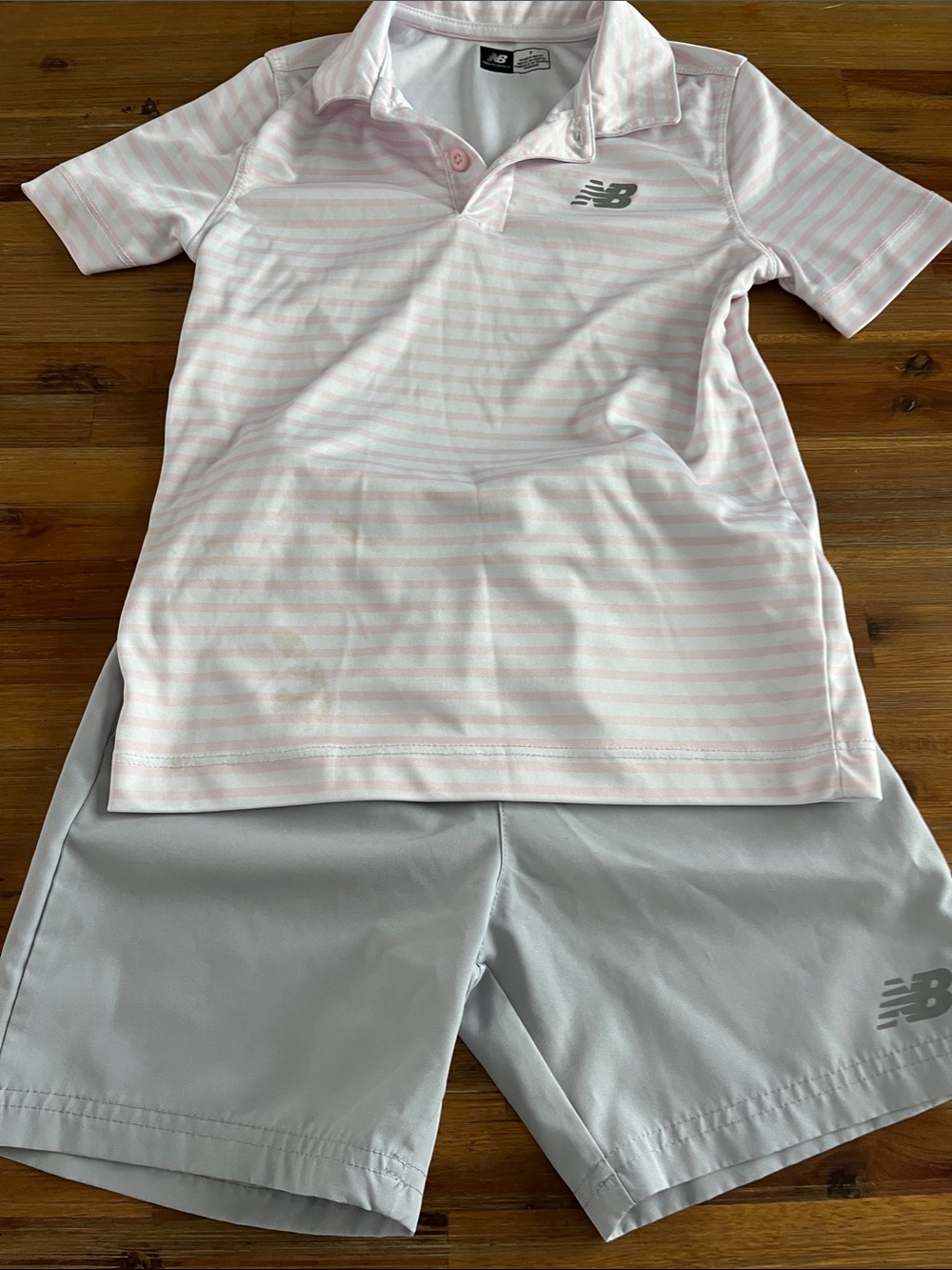 New Balance Boy's Pink Striped Polo and Light Gray Shorts Set Size 7